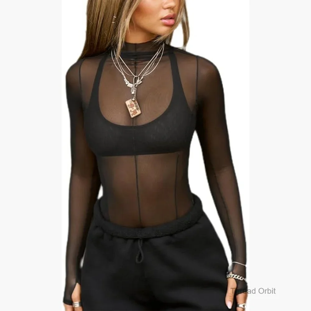Sheer Long Sleeve Mock Neck Mesh Top Stretchy Blouse for Women